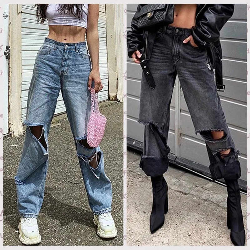 

Autumn Fashion Loose Ripped Jeans Women Sexy Destroyed Ripped Distressed Pants Vintage Hollow Out Jeans Femme