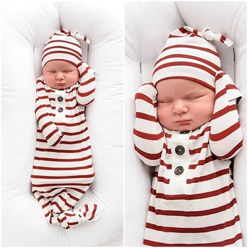 

Newborn Infant Baby Girls Boys Striped Sleeping Swaddle Bag Kids Sleeping Bags Blanket + Hat Cap 0-6M