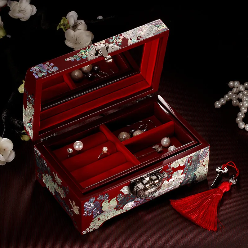 Hand Made Abalone Shell-linlaid Mosaic Jewelry Box Storage Lacquerware Lacquer Arts with Lock 18.2 x 11.2 x 8.6cm Wedding Gift
