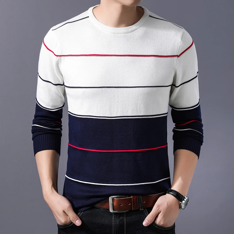 BROWON бренд, мужской полосатый свитер, осенний зимний свитер, пуловеры, Мужской пуловер с круглым вырезом, модный свитер - Цвет: Navy