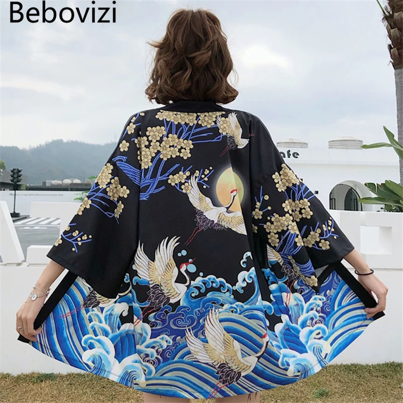 

Bebovizi Summer Crane Print Kimono with Belt Haori Women Cardigan Surblouse Japanese Traditional Beach Harajuku Sexy Yukata