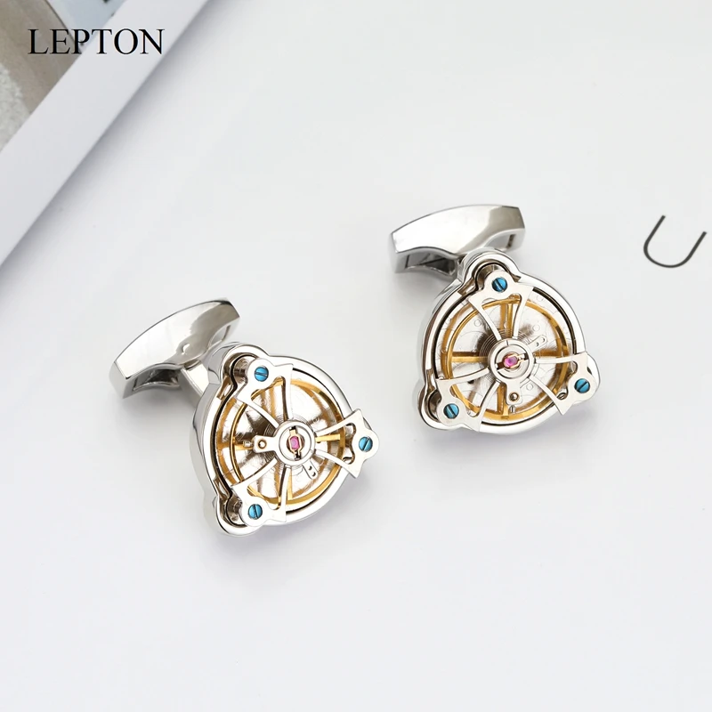 Lepton Watch Tourbillon Movement Cufflinks For Mens Wedding Groom Silver Color Triangle Business Cufflink Best Gift Drop Shiping