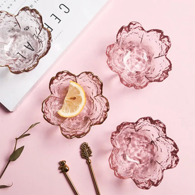 1-3Pcs Japanese Style Small Glass Plate with Golden Border Mini Seasoning Dessert Cute Style Sakura Bowl for Ice Cream Sala