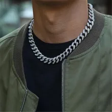 1Set Full Iced Out Paved Rhinestones 13MM Gold Silver Miami Curb Cuban Chain CZ Bling Rapper Necklaces For Men Hip Hop Jewelry