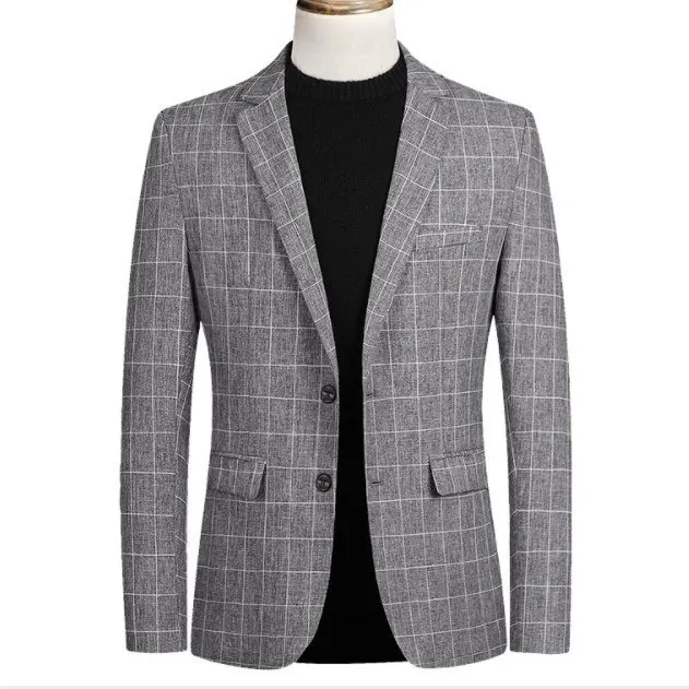 

2019 New Mens Blue Grey Plaid Business Casual Blazer Jacket Spring Autumn Mens Slim Fit Dress Suit Jacket Elegant Blaser Homme