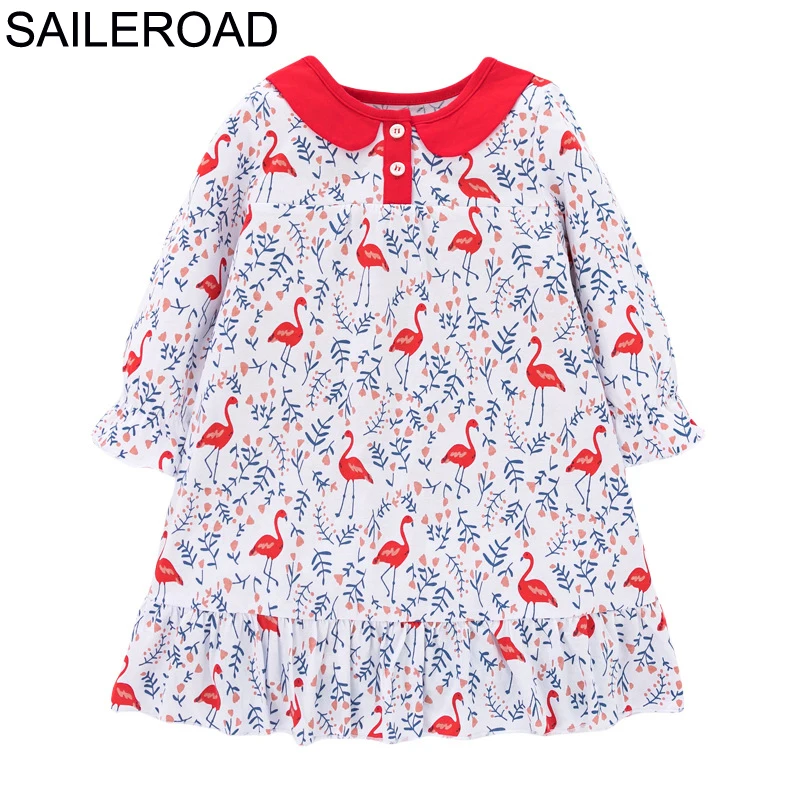 

SAILEROAD Animal flamingo Girls Dresses Long Sleeve Baby Clothes Cotton Princess Kids Peter Pan Collar Dresses For Children