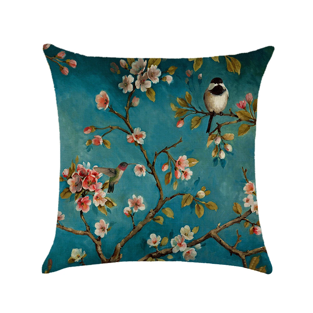 Linen Flower Bird Tree Throw Pillow Case Cushion Cover Home Sofa Cafe Car Decor Throw Pillow Cover Chinese Flowers Pillowcases