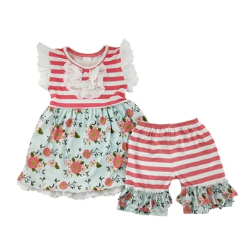 

fancy short sleeve cute striped baby girl pearl suit kids wearing clothing