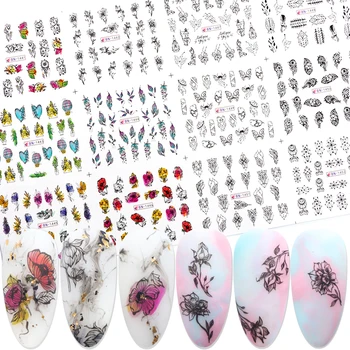 

12 Designs Black Leaves Stickers On Nails Flowers Necklace Decals Nail Art Decoration Charms Transfer Slider Foils SABN1441-1452