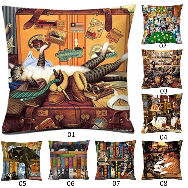 

45*45cm Cotton Linen Cute Cat Printing Cushion Cover Sofa Decoration Hugging Pillow Case Home Interior Decoration