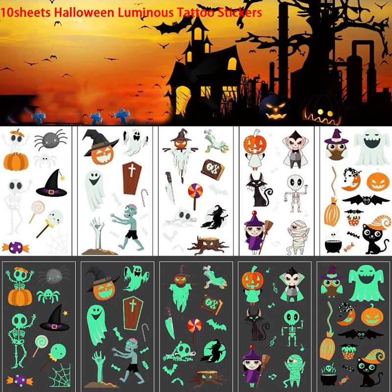 10sheets Halloween Party Luminous Tattoo Fake Witch Glowing Stickers | Красота и здоровье