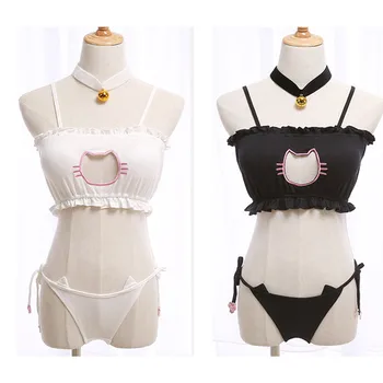 

Sexy Girls Swimsuit Lolita Sukumizu Bikini Two Piece Lingerie Kawaii Cat Shape Hollow Japanese Cosplay Underwear With Bra Pad