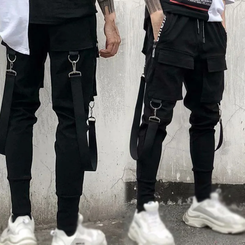 Men Pants Male Sports Elastic Waist Cargo Fashion Casual Hip Hop Zipper