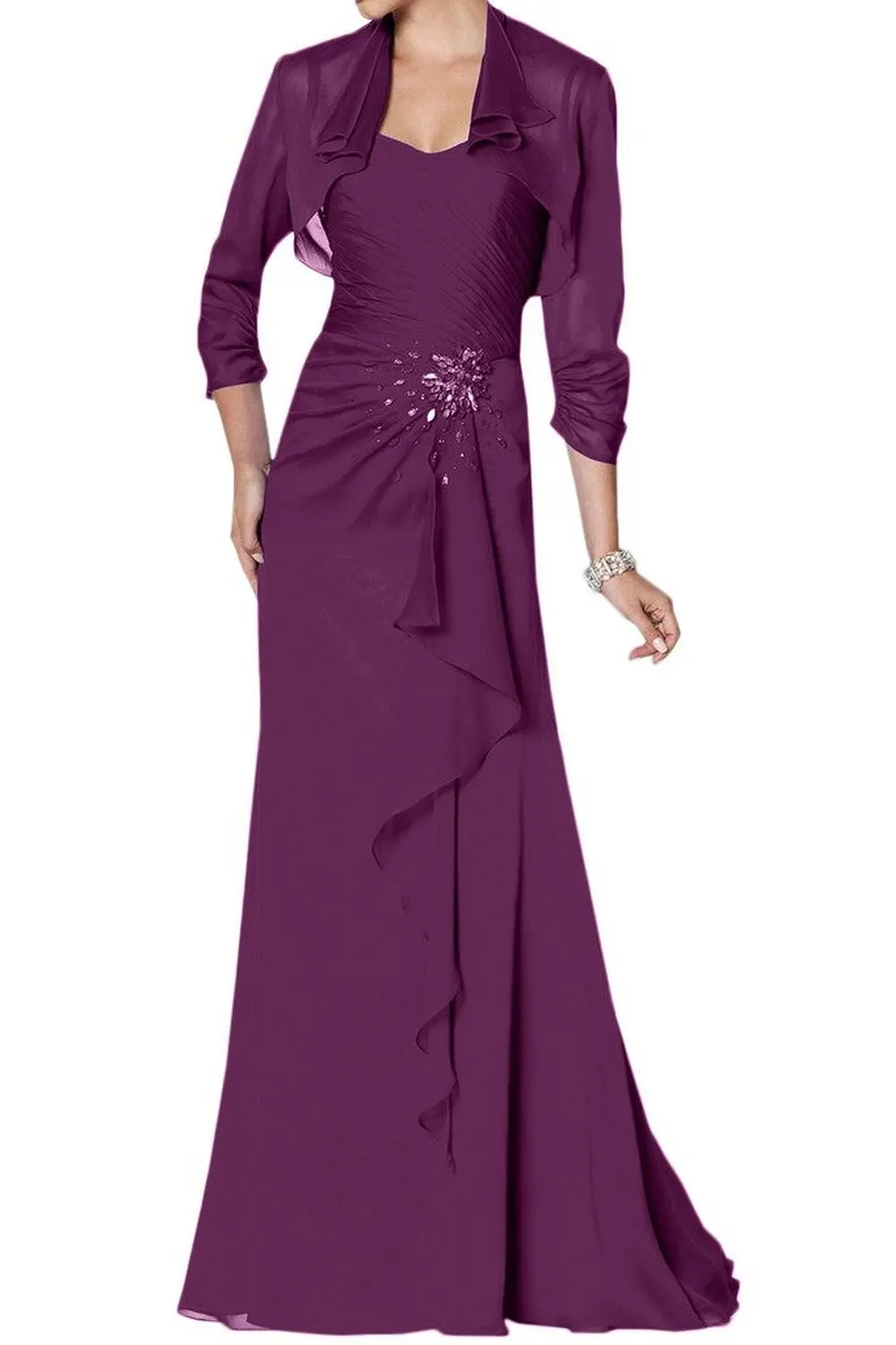 

Purple Strapless Chiffon Sheath Beaded Floor Length Mother Of The Bride Dress With Jacket