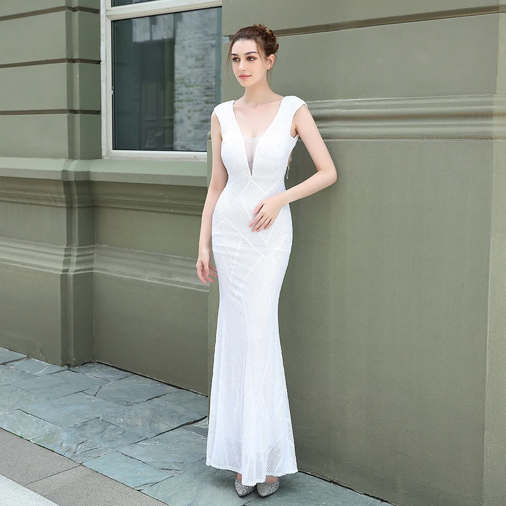 Plue S ize Sexy V Neck Backless Sequin Evening Dress 2021 New Women Party White Beads Maxi robe de soiree | Свадьбы и торжества