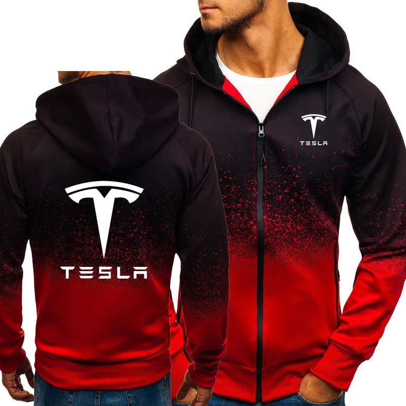 

Jacket Men Tesla Car Logo Print Casual HipHop Harajuku Gradient color Hooded Mens Fleece Sweatshirts zipper Hoodies Man Clothing