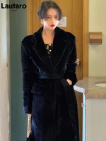 Lautaro Winter Oversized Long Black Soft Faux Fur Trench Coat for Women Long Sleeve Sashes Casual Stylish Korean Fashion 2021 1