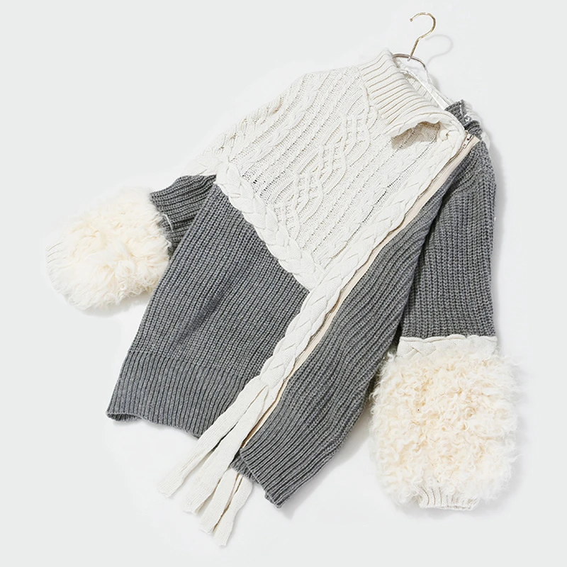 Patchwork Wool Knitting Women's Sweater Irregular Long Sleeve Collar Asymmetric Cardigans Woman Fashion Sweaters