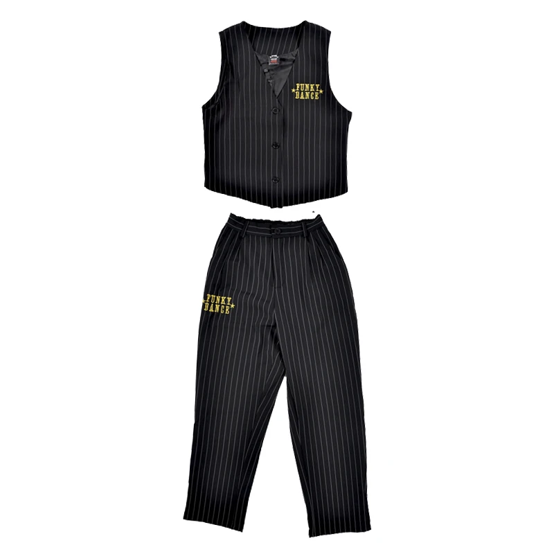 Black 2pcs Детская Одежда для танцев в стиле хип-хоп для девочек; сценический костюм; жилет; костюм в полоску; 3 цвета; костюмы для джазовых танцев для мальчиков; DQS3656 - Цвет: Black 2pcs