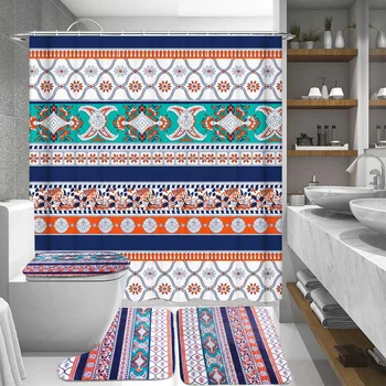 

1/3/4Pcs/Set Bohemia Style Printed Pattern Shower Curtain Pedestal Rug Lid Toilet Cover Mat Bath Mat Set Bathroom Curtains with