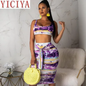 

2020 Tie Dye Print Sexy 2 Piece Set Women Summer Night Club Party Two Piece Set Bodycon Tank Top Midi Tie Up Skirt Suit Clothing