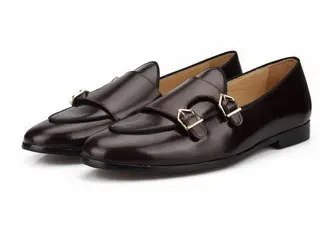 

Polished Leather Double-Monk Loafers Men Moccasins Smoking Slippers Wedding Dress Shoes Flats Casual Shoes Black Brown