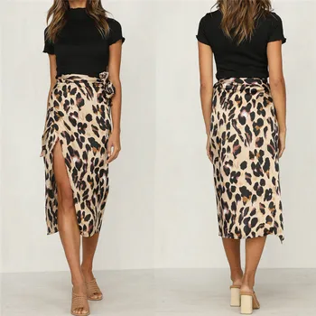 

Summer Women High Waist Leopard Print Bandage Wrap Skirt Cover Ups Ladies Midi Skirt Split Beachwear Swimsuit Bathing Suit