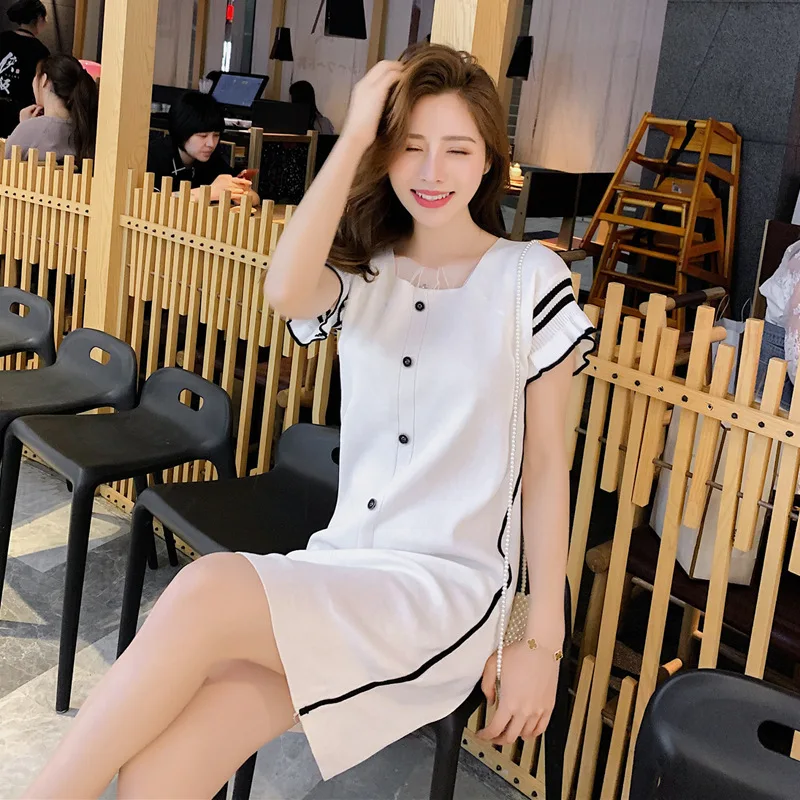 

Jersey Dress Women's 2019 Early Autumn New Style CHIC Fashion Fresh Slim Fit Slimming Lace Joint Contrast Color Skirt