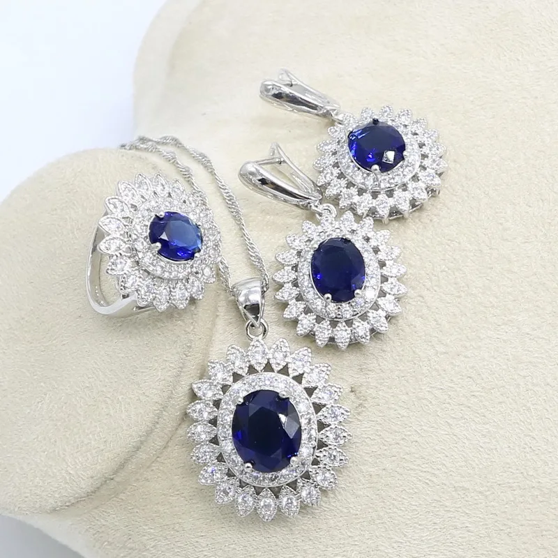 Natural Blue Zircon White Crystal Silver Color Jewelry Sets For Women Party Earrings/Pendant/Necklace/Rings/Bracelet