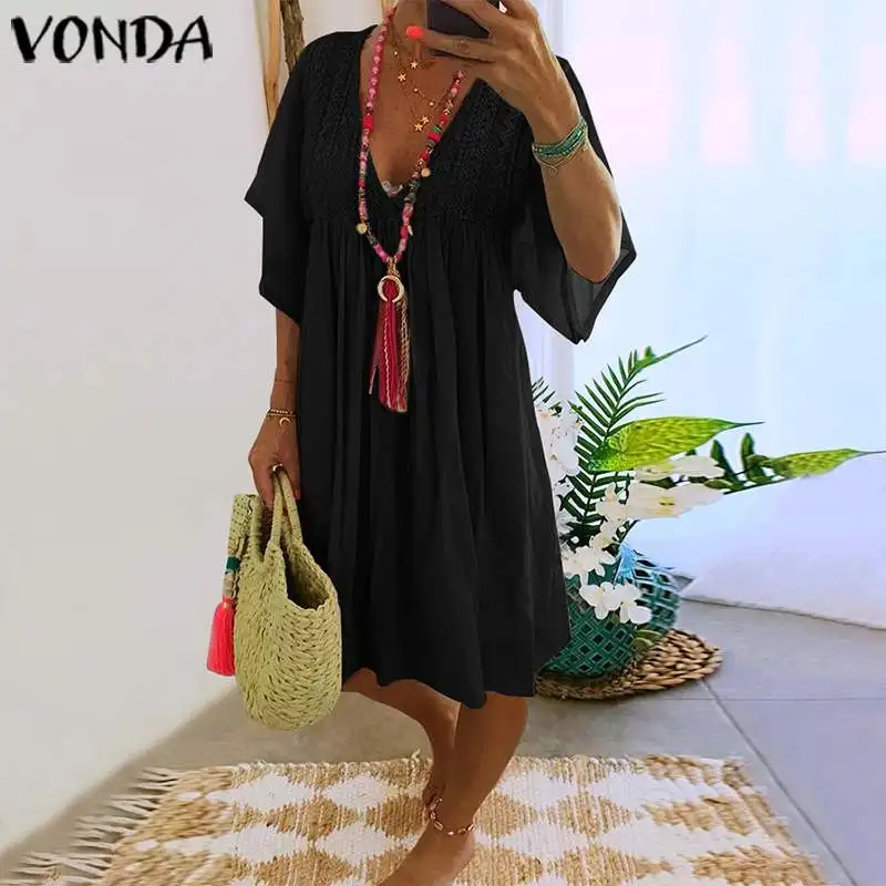 VONDA Women Summer Sundress Sexy Deep V Neck Holiday Mdi Dresses Cotton Ruffled Beach Dress Vestidos Plus Size Robe Fermme 5XL