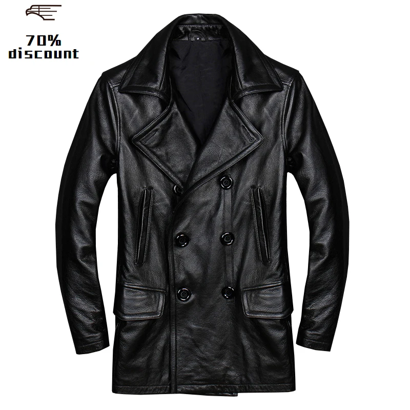 

2020 Black Men Double Breasted Casual Leather Jacket Plus Size XXXXL Genuine Cowhide Russian Spring Leather Coat FREE SHIPPING