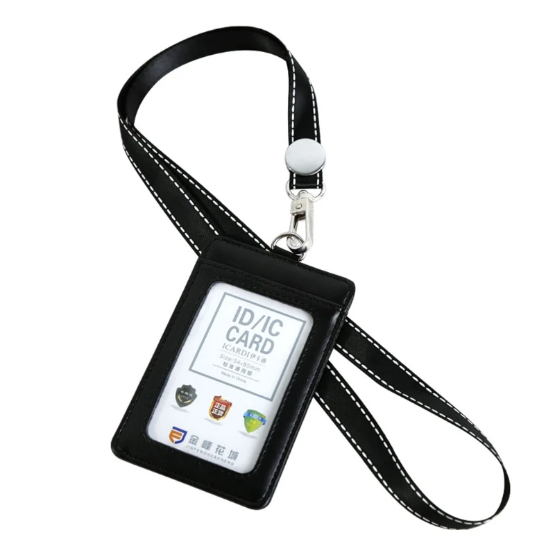 ID Card Holder 1Pc Badge PU Leather Wallet with Neck Lanyard 2-Sided Pocket