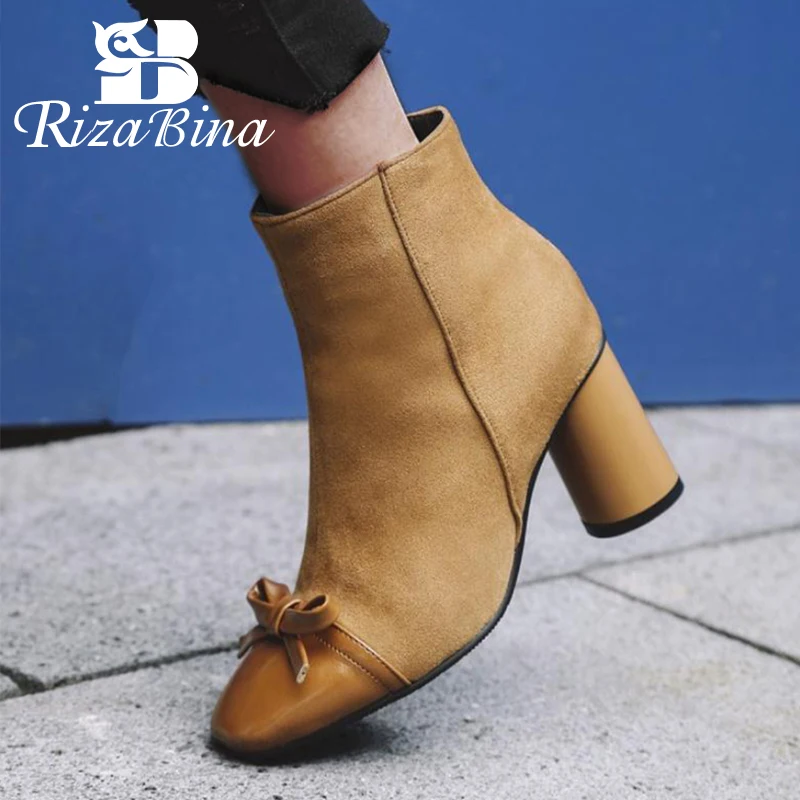 

RizaBina Plus Size 32-48 New Autumn Winter Ankle Boots For Women Sweet Bowknot High Heels Shoes Warm Fashion Woman Footwear