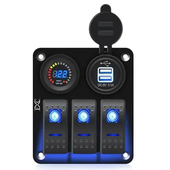 

3 Gang Blue Toggle Rocker Switch Panel Voltmeter USB Charger Car Marine Boat 12V Durable And Practical To Use