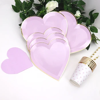 

65Pcs/lot Purple Party Disposable Tableware Set heart-shaped Paper Plate Cup Wedding Decor Birthday Valentine's Day Baby Shower