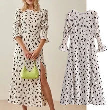 

Dave&Di Summer Midi Dress Women Vestidos England France Romantic Elegant Leopard Print O-neck Forking Sexy Party Dress Women