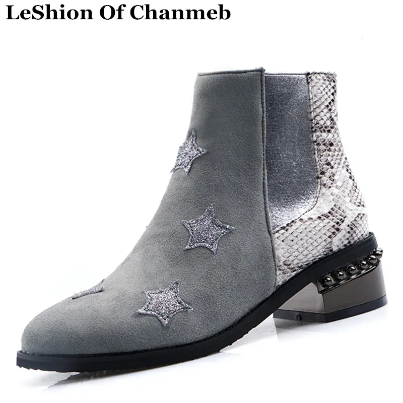 

women's studded low heels round toe elastic Chelsea boots ladies snake printing patchwork matte PU leather booties star shoes 48