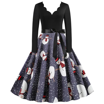 

Christmas Women Dress High Waist Lace-up Print Dress V-neck Fashion Long-sleeved Dresses