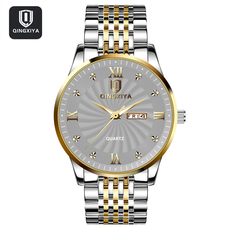 QINGXIYA Top Brand Luxury Fashion Gray Dial Watch Men Waterproof Luminous Week Date Clock Sport Watches Mens Quartz Wristwatch skmei fashion domineering hero men s steel belt watch three time chronograph alarm clock week calendar luminous watch 1898