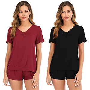 

Women's Pajamas Homewear Summer New Simple Sexy Short-Sleeved Two-Piece Set Modal Classic Leisure Tops Ruched V-Neck Short Pants