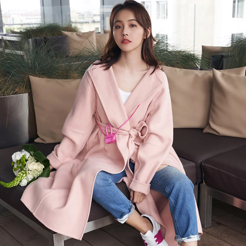 

Double-sided Tweed Coat Tie Winter Korean Hooded Long Coat 2019 Turn-down Collar Sashes Full Women Coat Jackets