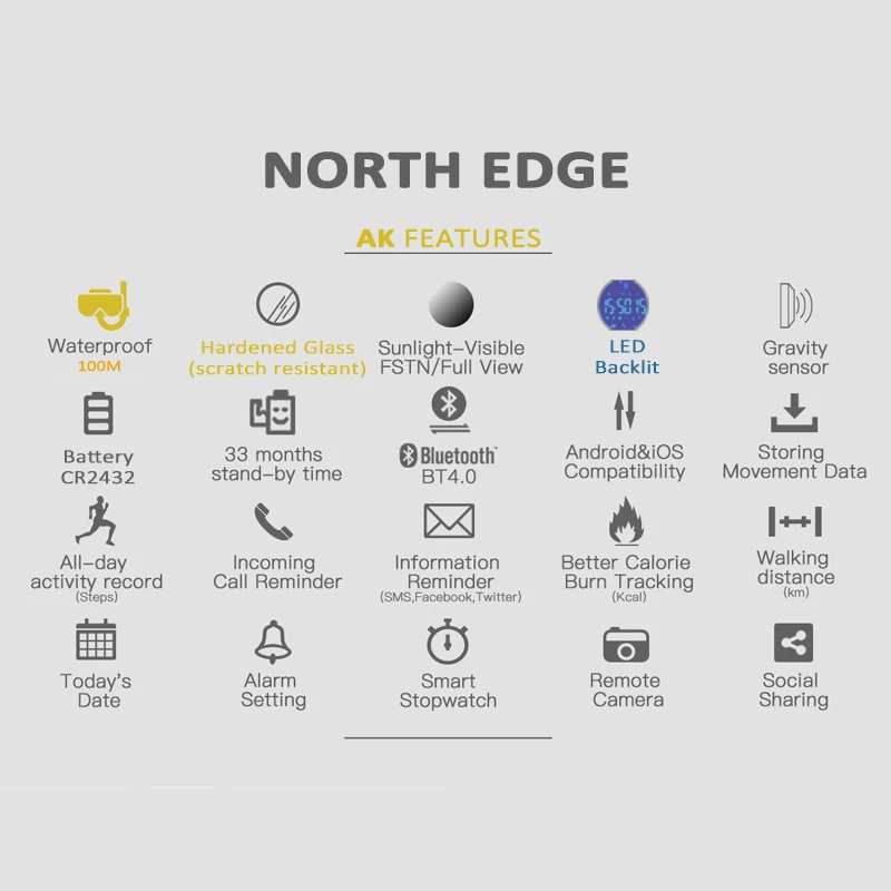 NORTH EDGE-reloj inteligente para hombre, accesorio de pulsera resistente a los arañazos, resistente al agua hasta 100M, con tiempo en espera de 33 meses, compatible con IOS y Android