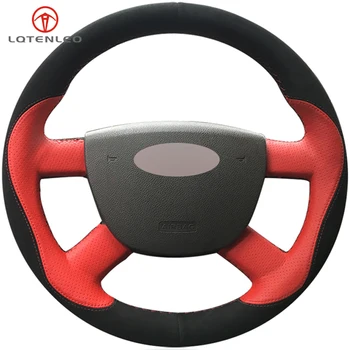 

LQTENLEO Black Suede Red Leather Car Steering Wheel Cover For Ford Kuga 2008-2011 Focus 2 2005-2011 Focus 3 2012-2014 C-MAX 2007
