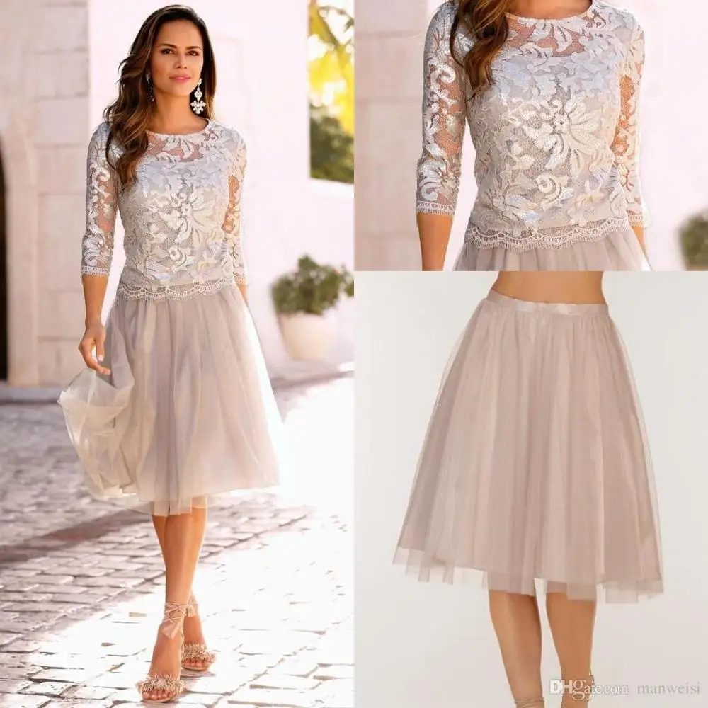 2019 Elegante Boho Moeder Van De Bruid Jurken Lace Tulle Knie Lengte 3/4 Lange Mouwen Bruiloft Gast Jurk Korte Avondjurk jassen 2019 Elegante Boho Moeder Van De Bruid Jurken Lace Tulle Knie Lengte 3/4 Lange Mouwen Bruiloft Gast Jurk Korte Avondjurk jassen