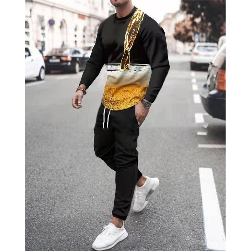 Spring Autumn Men's Set Casual Sportswear Fashion Male Running Suit Men Long-sleeved T-shirt+Sports Trousers 2-Piece Plus Size