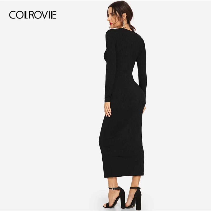 COLROVIE черная пуговица спереди ребро вязаное облегающее платье женское приталенное элегантное одноцветное платье осень длинный рукав женские длинные платья