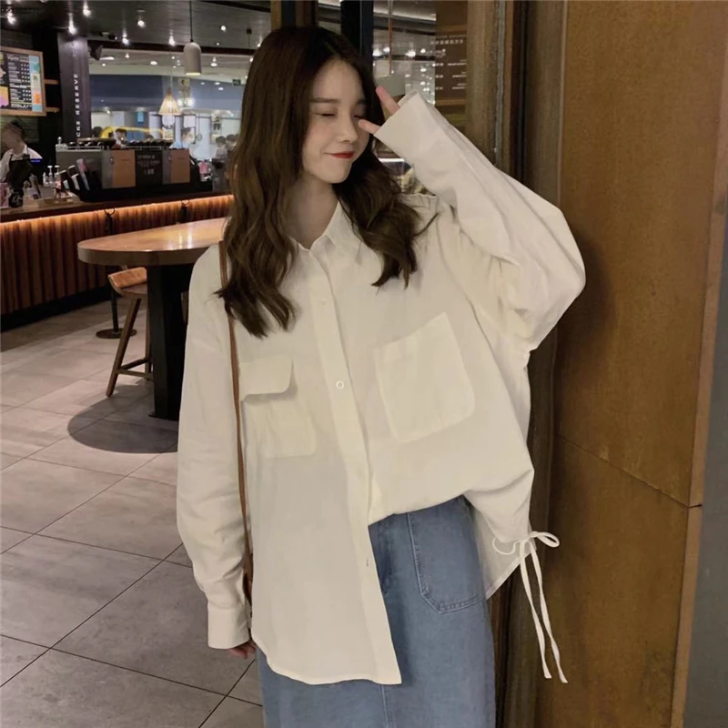 2 colors spring Women Tops and Blouses 2020 loose korean style pocket Long Sleeve sun protection lace up Shirt Womans (cx8099) |