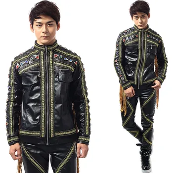 

Men Nightclub Bar Stage Black Leather Suit Golden Fringed Jacket Male Singer Costume Ds Dj Performance Clothing Outfit DNV12411