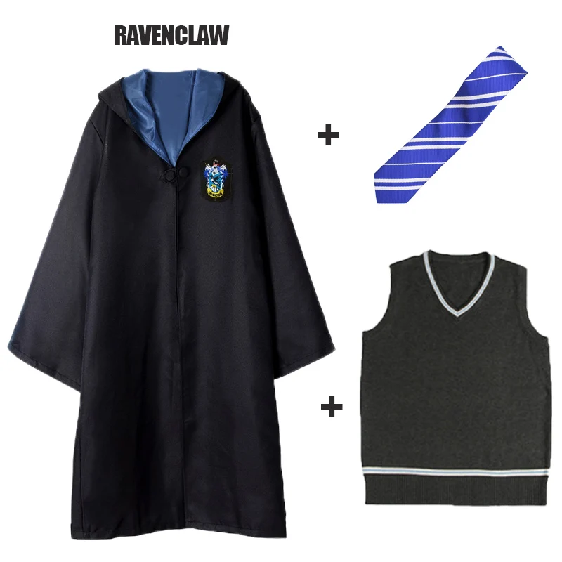 Комплект из 3 предметов, свитер в стиле Гарри Поттера накидка детская и взрослая бабочка жилет равенклав, Хаффлпафф, Слизерин косплей на Гриффиндор Гарри Поттера халат D2103AD - Цвет: Ravenclaw 3pcs