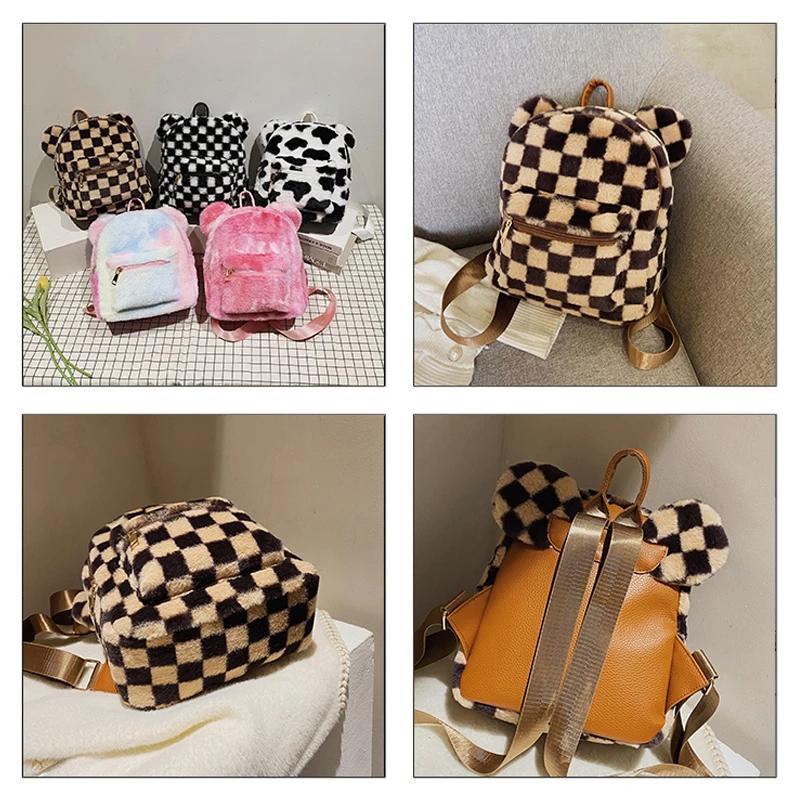 Kawaii Plaid Furry Bagpack Checkered Mini Fluffy Backpack For